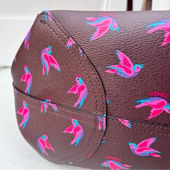 Coach Reversible City Tote Bag In Happy Bird Print Canvas 55870 Oxblood 1 - Picture 10 of 13